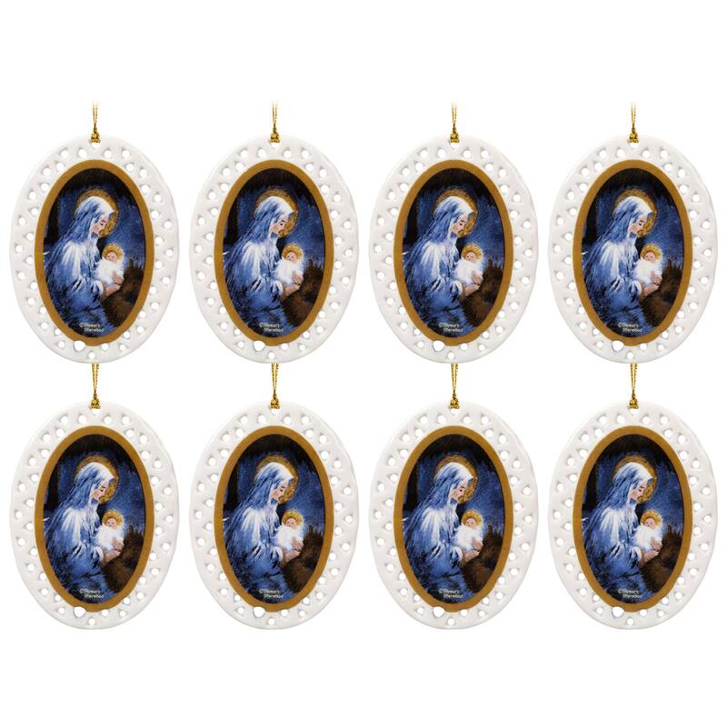 Mary with Jesus Feliz Navidad Porcelain Christmas Ornaments - 3.75" - 8ct