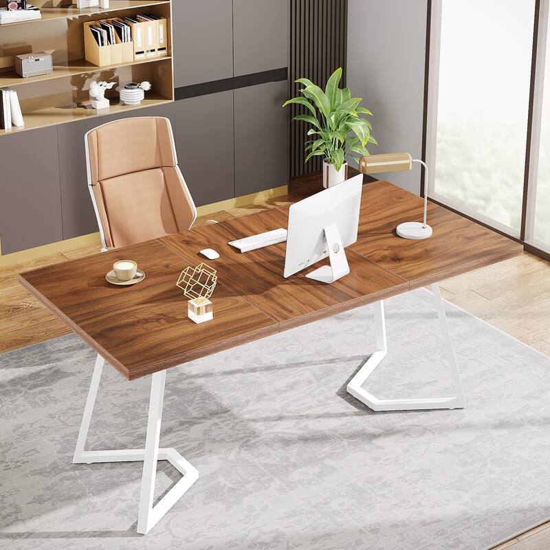 Home Office Computer Desk, White Gold 55 In Faux Marble Executive Desk