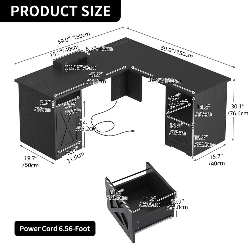Moasis 59-inch Computer L-shaped Desk with Monitor Stand and Cabinet, Executive Desk w/Power Outlets
