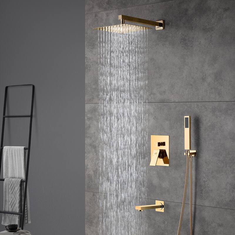 3 Function 10-inch Wall Mounted Dual Shower Heads Shower System With Tub Spout - Gold