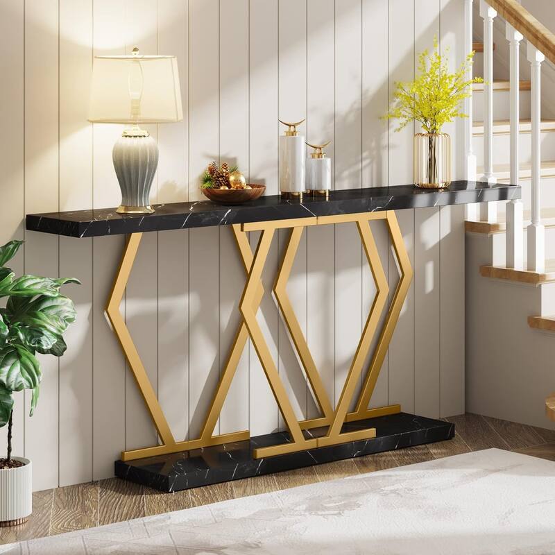 70.9-Inch Faux Marble Console Table, Extra Long Entryway/Sofa Table for Living Room, Hallway, Entrance - Black+Gold