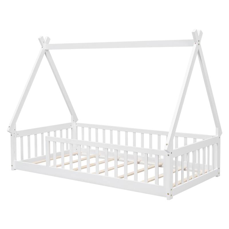 Tent-Shaped Twin Size Floor Bed with Fence and Guardrails, Pine Wood Construction