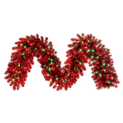 Vickerman 9' x 18" Artificial Deluxe Red Tinsel Christmas Garland, Red and Green Single Mold Wide Angle Mini Lights - 9' x 18"