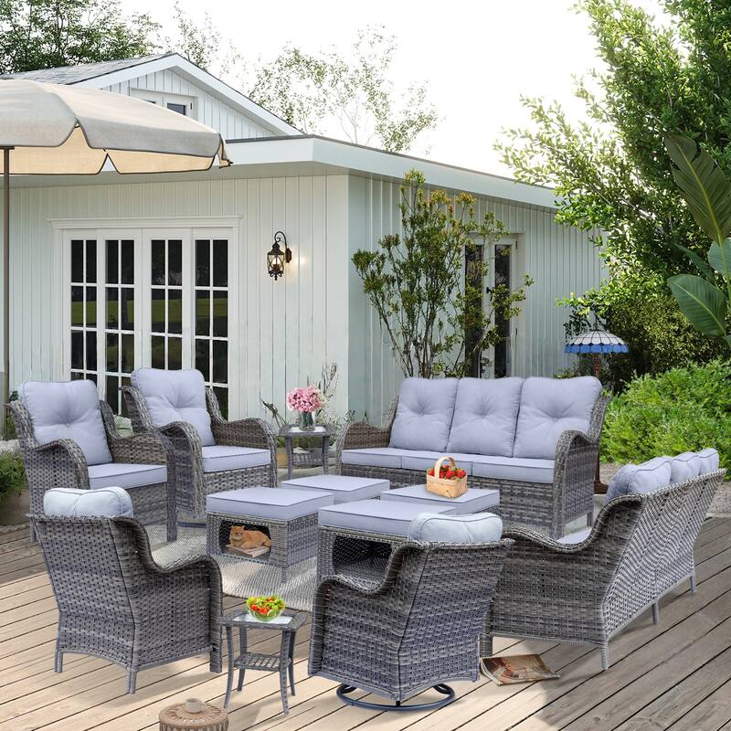 Outdoor Patio Furniture-Gray Wicker Outdoor Swivel Rocker Chairs Set