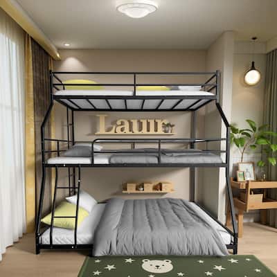 Triple Bed with Long and Short Ladder & Full-Length Guardrails , Easy Assembly ,for Kid Boy Girl ,Black