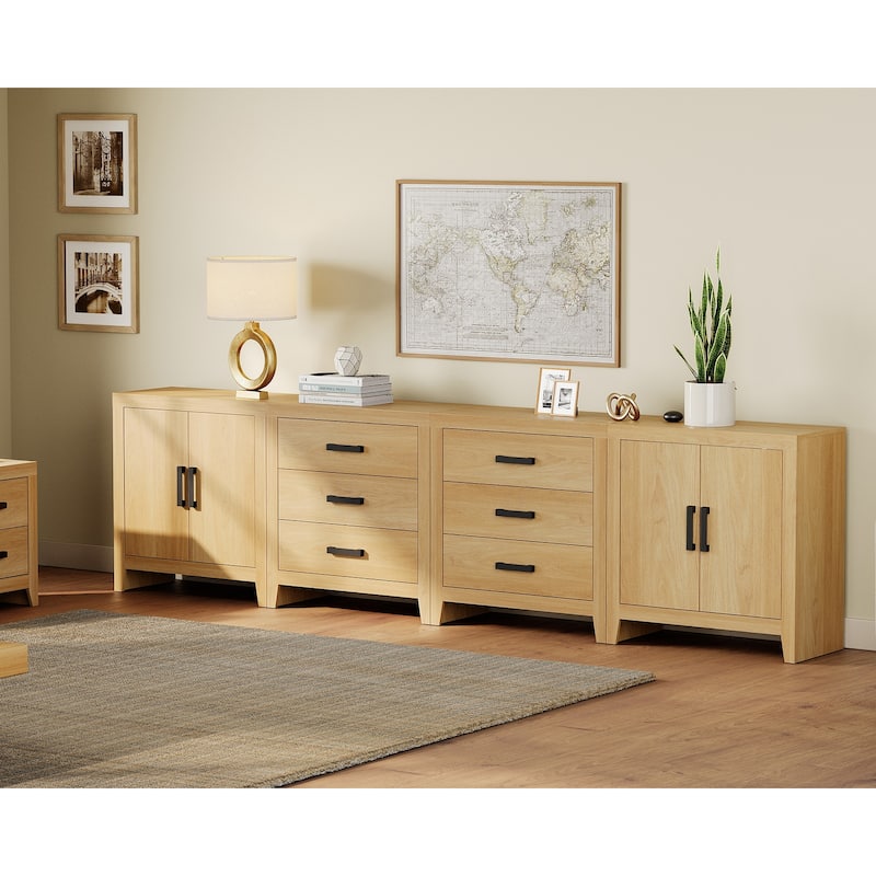 WAMPAT Extra Wide 126" Modern Farmhouse TV Stand，Wood Media Console with 6 Drawers & 2 Double Door Cabinets