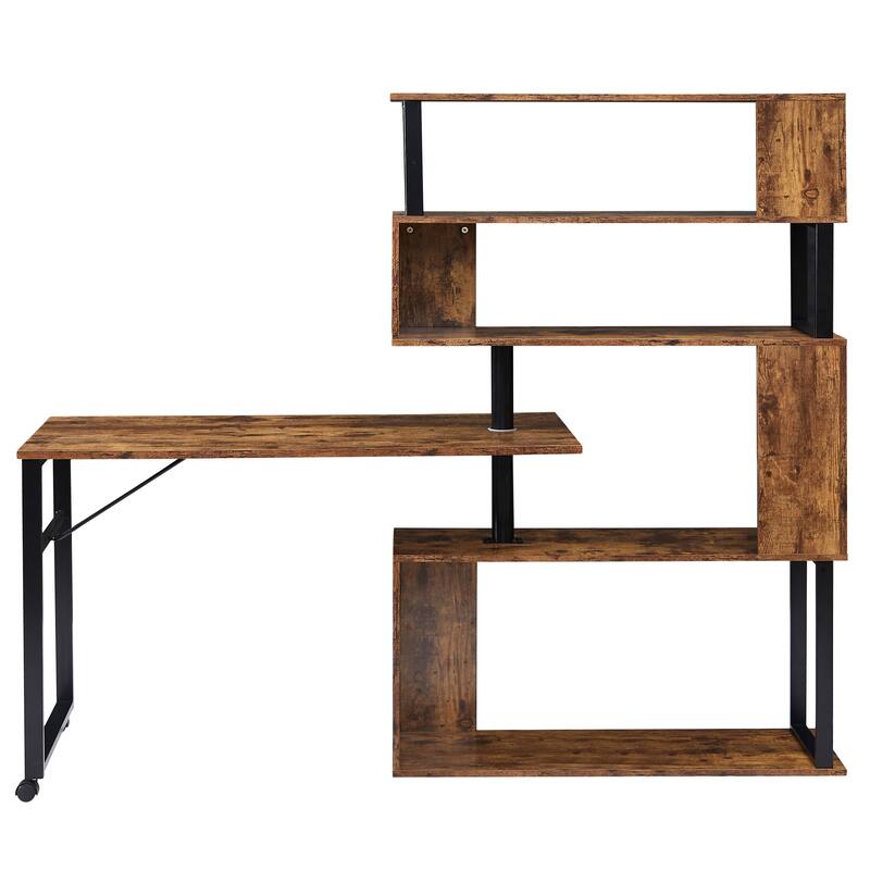 Home Office Computer Desk L-Shaped Corner Table, Rotating Office Desk with 5-Tier Bookshelf & Lockable Casters