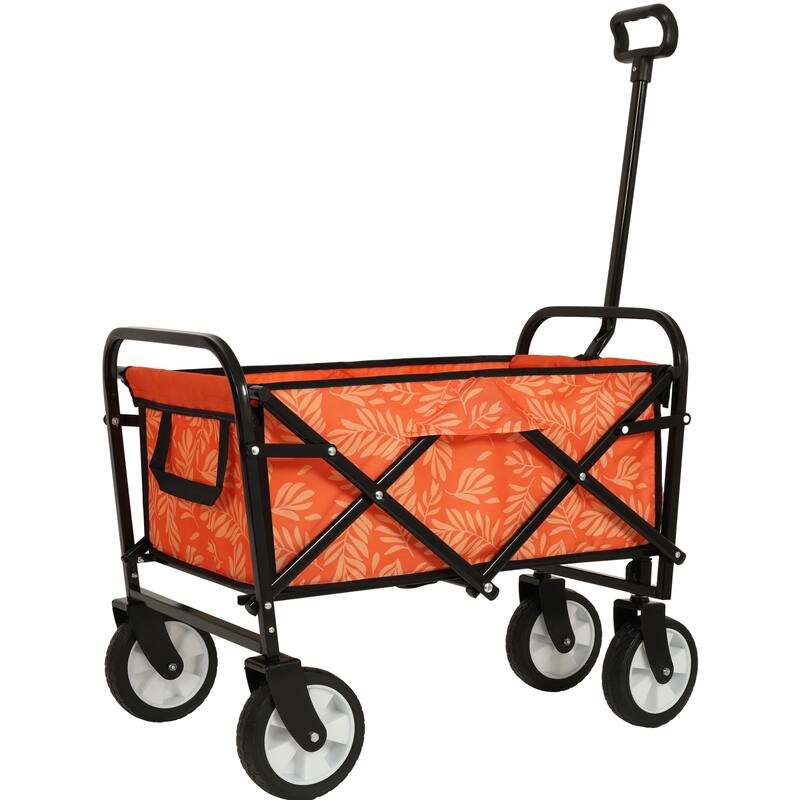 Patterned Collapsible Utility Wagon - Orange Leaf Design with Storage Straps, 225lb Capacity