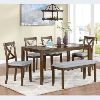 6 Piece Kitchen Dining Set, Rectangular Wooden Dining Table with 4 Upholstered Chairs and a Bench