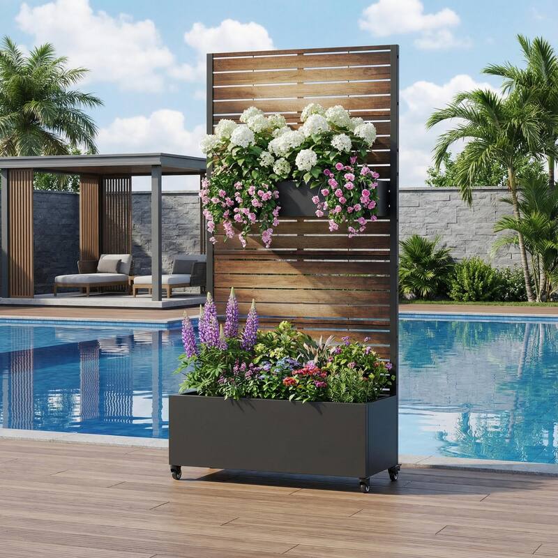 Metal Planter Box with Trellis Privacy Screen Planter Box with Lockable Wheels