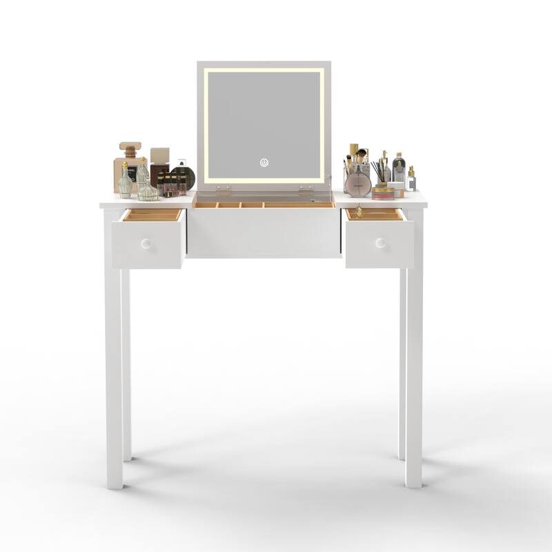 Small Flip Top Makeup Table with LED Lights, Mirror, 2 Drawers