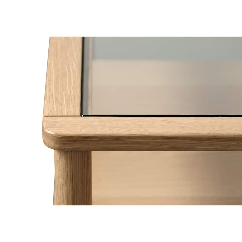 Rye Studio Modern Glass Top Coffee Table with Shelf, Natural Oak - 23.625"W x 47.25"L x 16.125"H