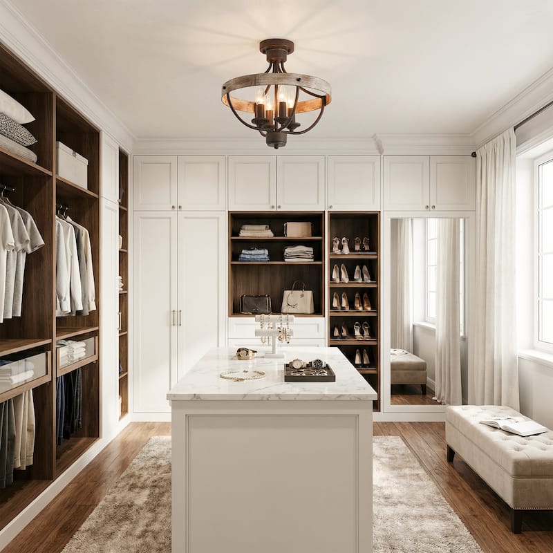 15.4" 4-Light Rustic Bronze Wood Semi-Flush Mount Ceiling Light - 15.4 in. D x 15.4 in. W x 14.6 in. H