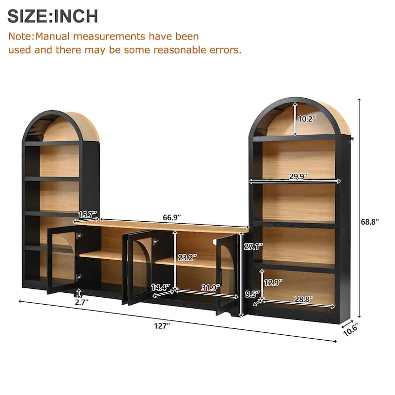 3-Piece TV Stand Set with Bookshelf for TVs Up to 70", Wood Grain Entertainment Center with Arched Design, Tempered Glass Doors