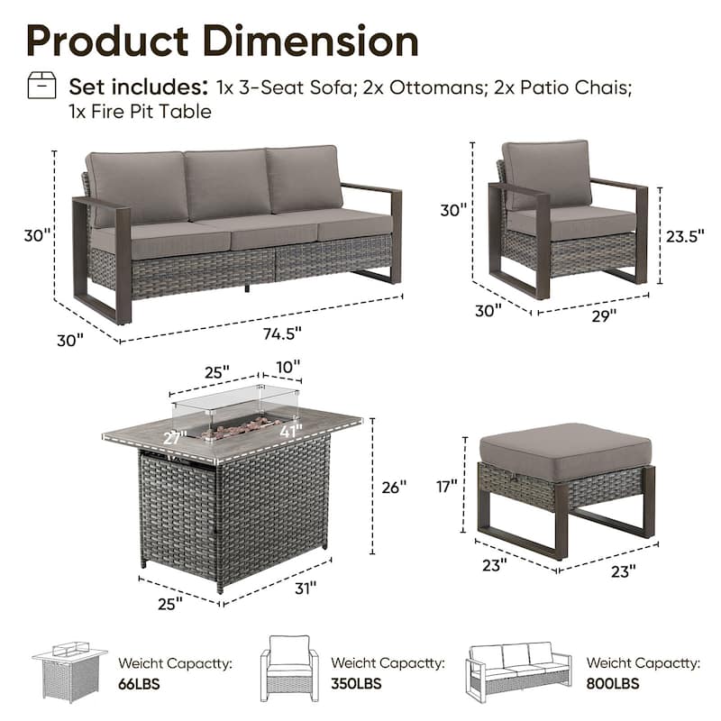 Pocassy 6 Pieces Outdoor Sofa Patio Chair Ottoman with Fire Pit Table Set