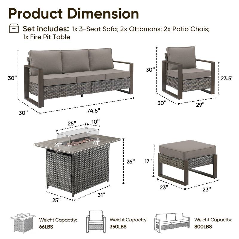 Pocassy Outdoor Wicker Sofa Patio Chair with Fire Table Set