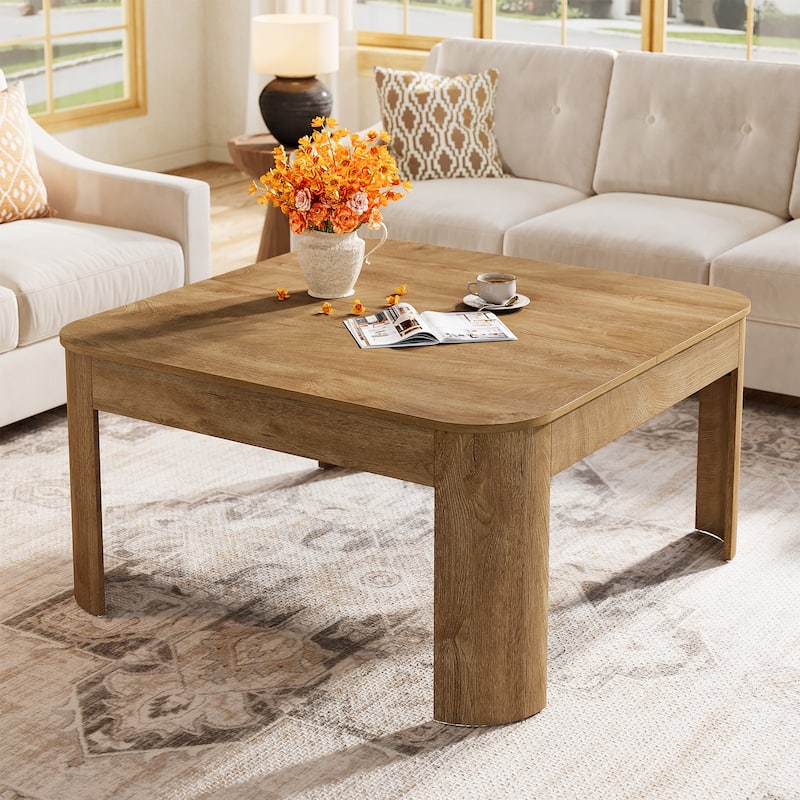 39.37" Square Coffee Table for Living Room, Farmhouse Cocktail Center Table with Wooden Curved Legs - Brown