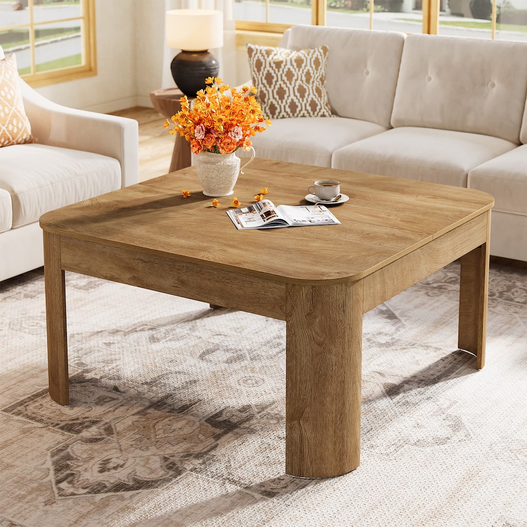 39.37" Square Coffee Table for Living Room, Farmhouse Cocktail Center Table with Wooden Curved Legs