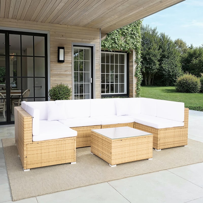 SAFAVIEH Outdoor Patio Furniture Angeles Sectional Seating Set with Glass Top Coffee Table - 23W x 26D x 26H - Natural/White