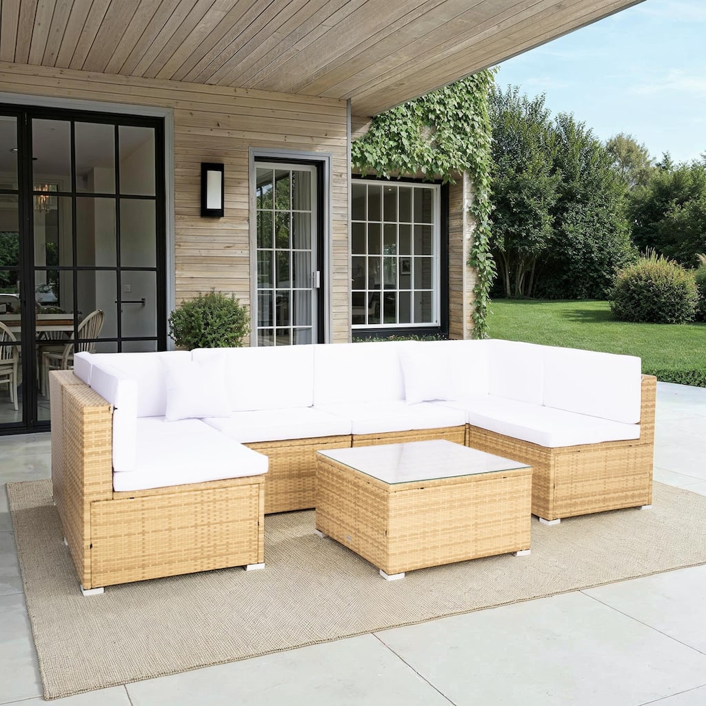 SAFAVIEH Outdoor Patio Furniture Angeles Sectional Seating Set with Glass Top Coffee Table - 23W x 26D x 26H