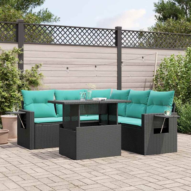 vidaXL 6 Piece Patio Sofa Set with Cushions Black/Gray Poly Rattan - 24.4 x 24.4 x 27.2 - Black