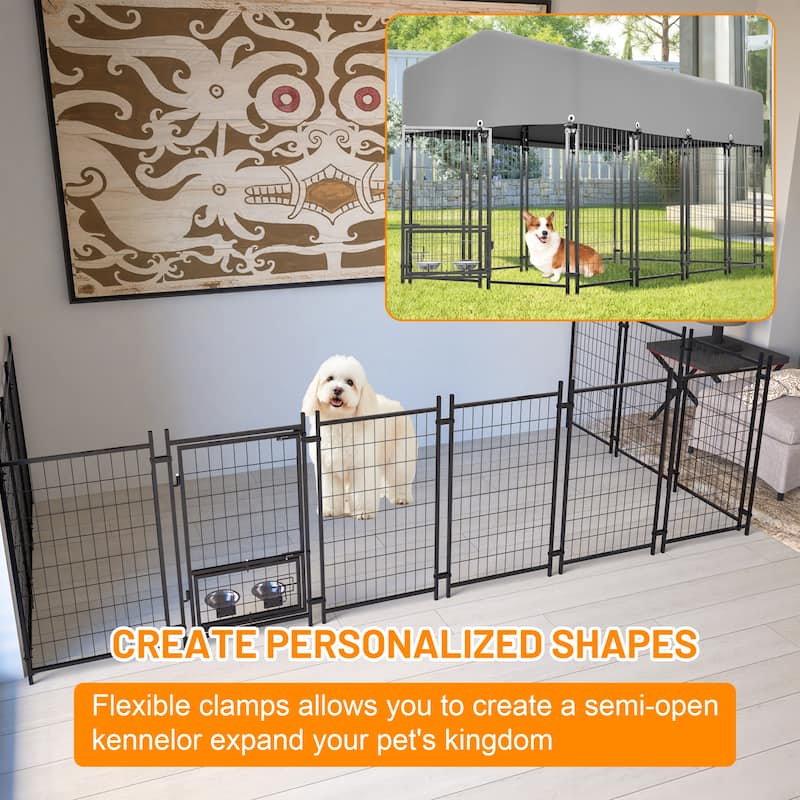 GDFStudio - Large Outdoor Heavy Duty Metal Dog Kennel with Roof, UV-Resistant Waterproof Cover, Double Lock & Rotating Feeder