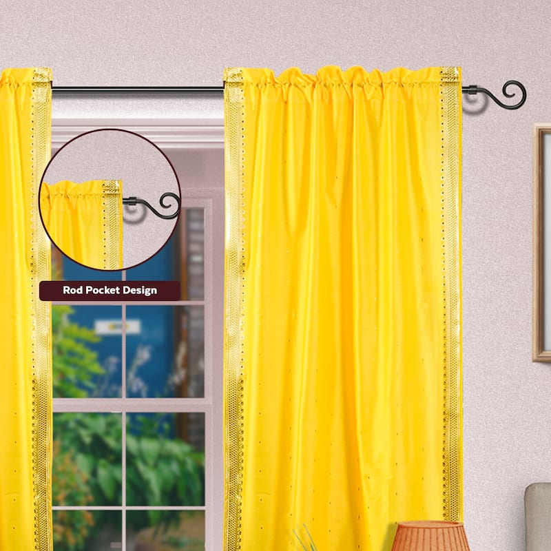 Yellow Rod Pocket Sheer Sari Curtain / Drape / Panel - Pair