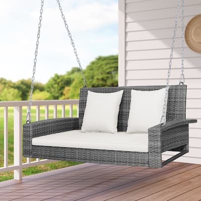 2 Person Wicker Hanging Porch Swing Outdoor Rattan Swing with Cushions