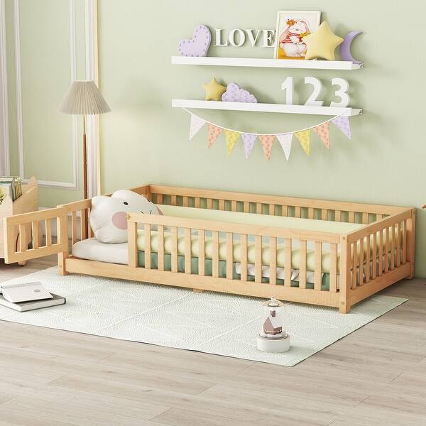slide 2 of 14, Natural Twin Size Pine Floor Bed with Guardrails & Door Twin - Natural