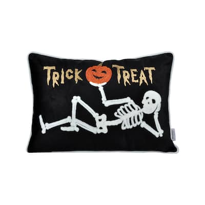 Halloween Trick or Treat Skeleton Velvet 14"x 20" Black White Rectangular Throw Pillow with Insert