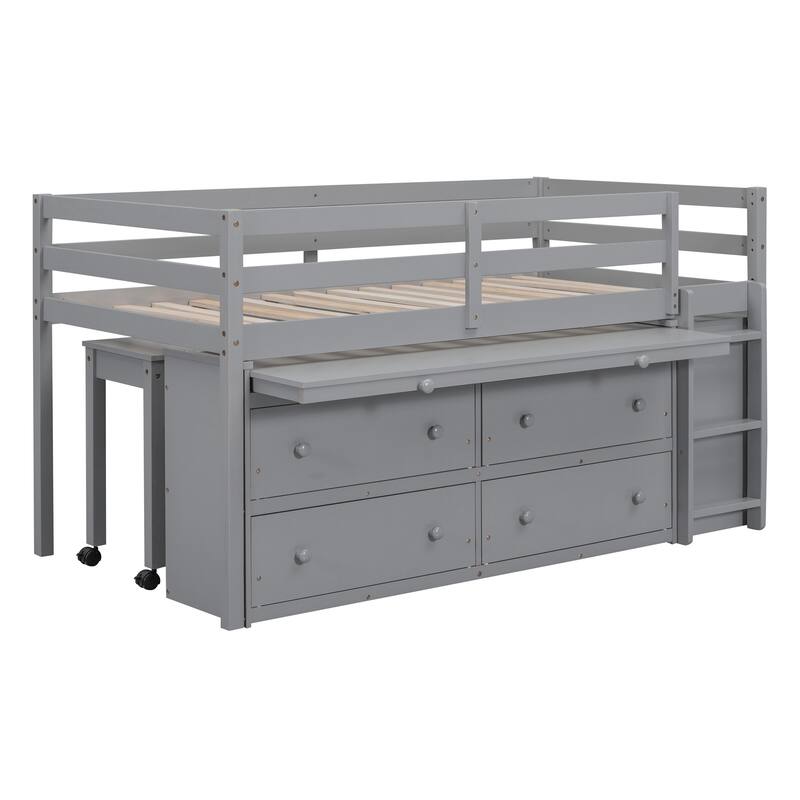 Solid Wood Loft Bed with Retractable Desk and Drawers