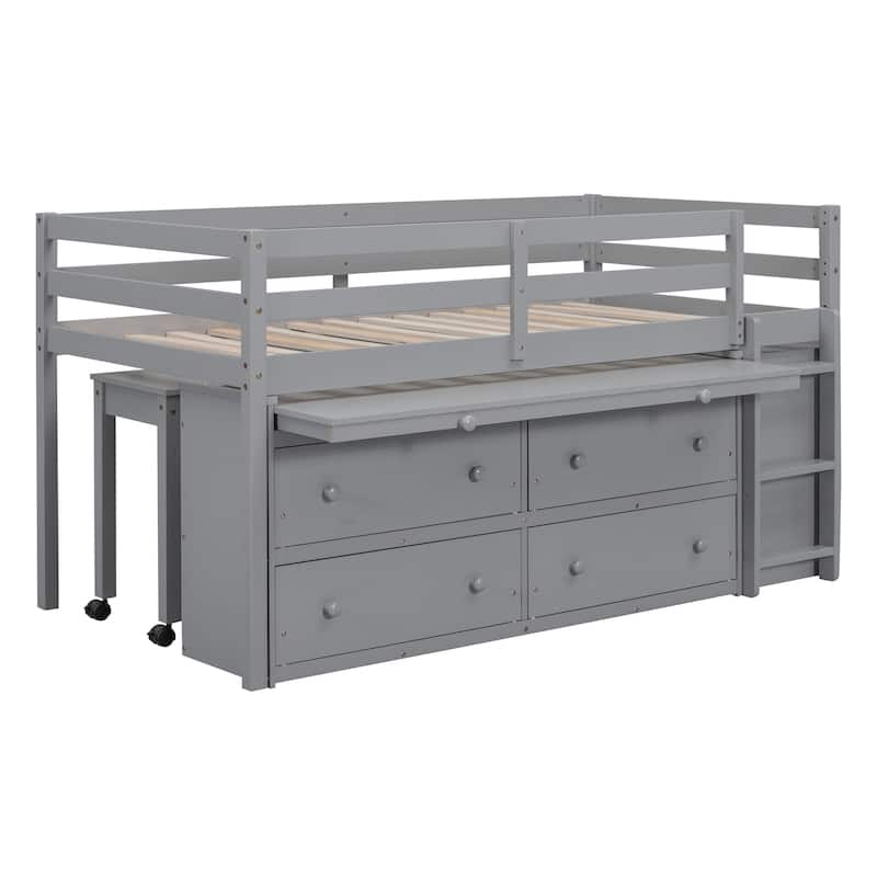 Twin Size Solid Wood Loft Bed with Retractable Desk and Drawers