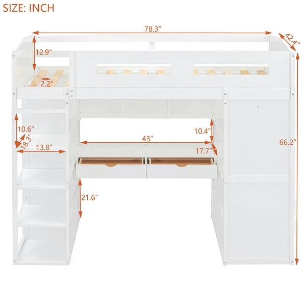 dimension image slide 3 of 6, Twin/Full Size Loft Bed with Bulit-in Desk and Wardrobes, Solid Wood Kids Loft Bedframe with 4 Drawers and Storage Shelves
