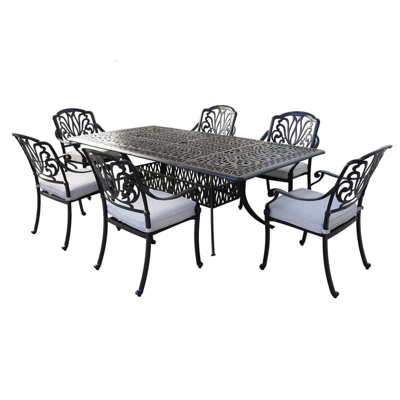 Saratoga 7-piece Gun Metal Aluminum Rectangle Dining Set with 6 Cushioned Arm Dining Chairs