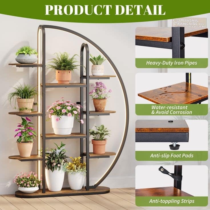 Plant Stand Indoor with LED Light, 61" Tall Metal Plant Shelf, 9 Tier Moon-Shaped Plant Rack for Living Room