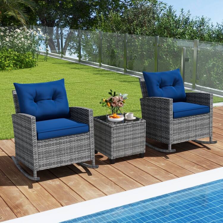 3-Pieces Patio Rattan Roker Chairs with Tufted Soft Cushions and Square Tempered Glass Table - 31.5" x 26" x 31.5"