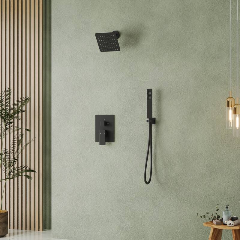 Wall Mounted 6 in Rain Shower Head Bathroom Shower Faucet Set 2-Setting Square Shower System With Rough-In Valve, & Handheld