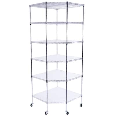 6-Layer Chrome Plated Polygonal Corner Shelf with Wheels Silver
