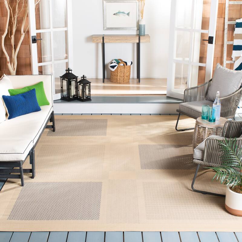 SAFAVIEH Courtyard Shirlee Indoor/ Outdoor Waterproof Patio Backyard Rug - 6'7" x 9'6" - Natural/Blue