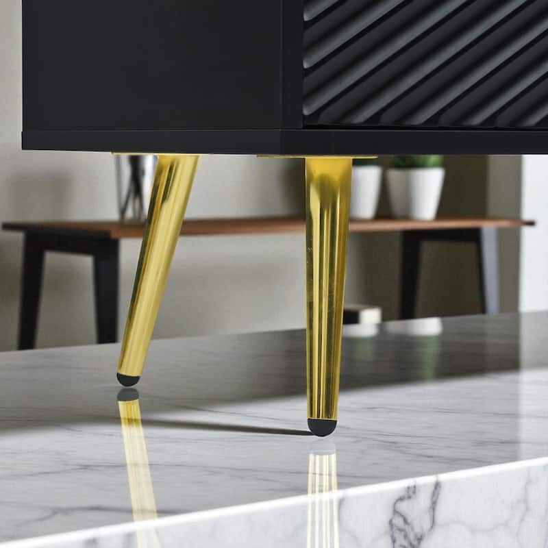 Modern Sideboard with Geometric Door Design, Metal Conical Legs, 3 Drawers & 2 Cabinets, 59" Storage Console