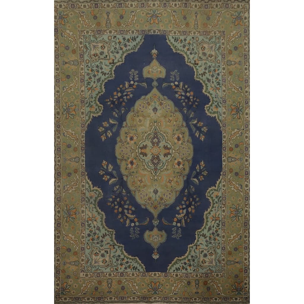 Hand Knotted Oriental 100% Wool Carpet Traditional Medallion Navy Blue & Blues Tabriz Area Rug - 9' 7'' X 6' 6''