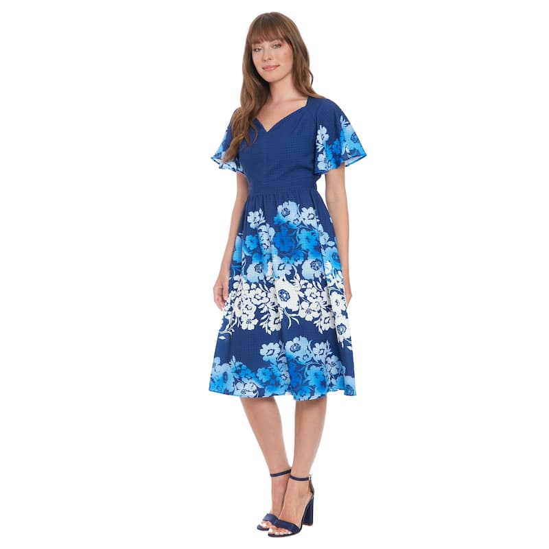London Times Women's Flutter Sleeve V-Neck Smocked Waist Midi Dress - Navy / Cobalt - 12