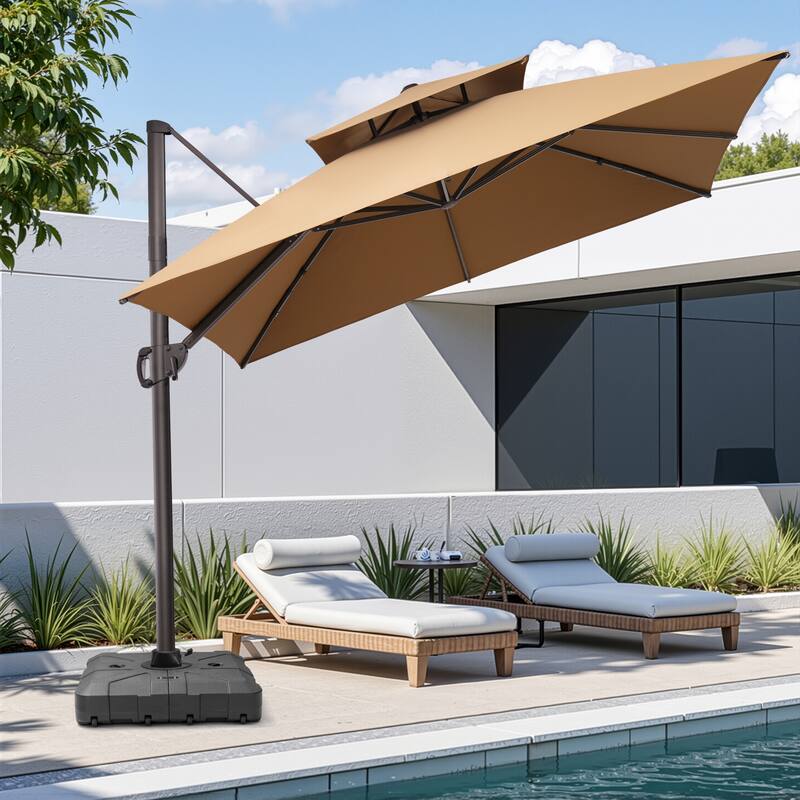 10.5ft Patio Outdoor Double Top Cantilever Offset Umbrella w/base - Tan