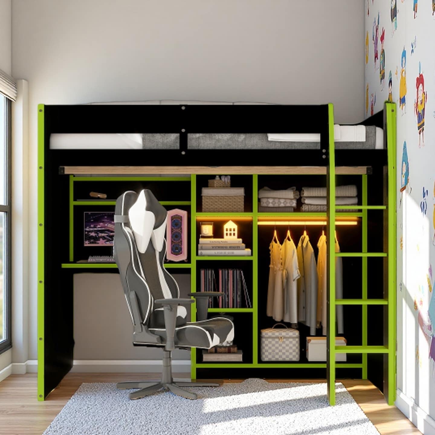 Full-Size Gamer Loft Bed with Desk, Open Wardrobe, Storage Compartments, and RGB LED Lights