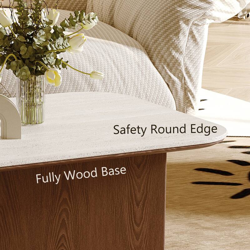 Mid Century 51.18" Coffee Table, Beige Sintered Stone Table Top, 3 Solid Wood Legs, Brown