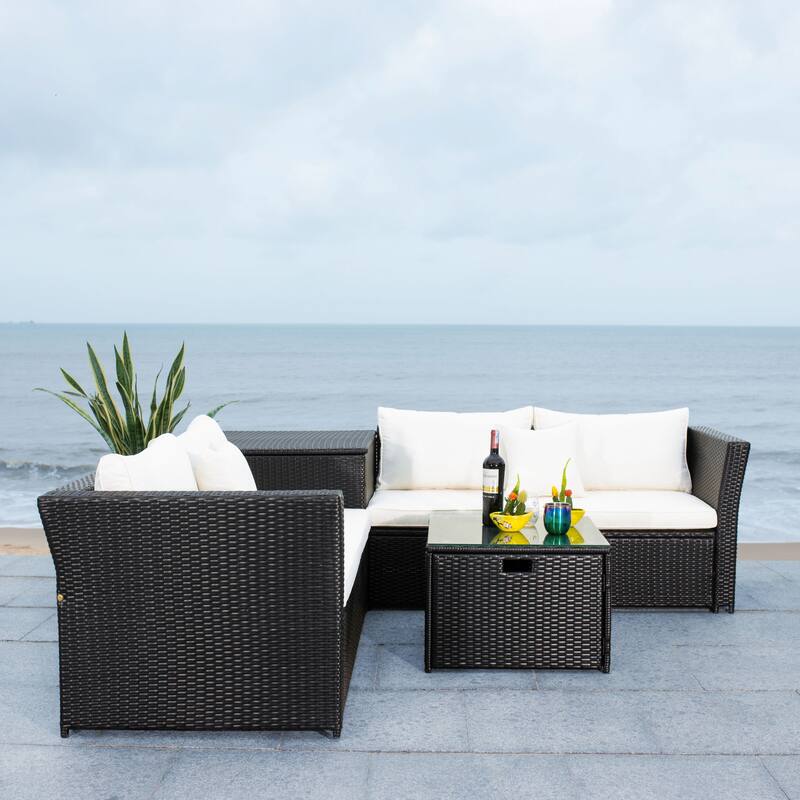 SAFAVIEH Helga Outdoor 4-Piece Conversation Patio Set with Storage - 57"W x 31"D x 26"H