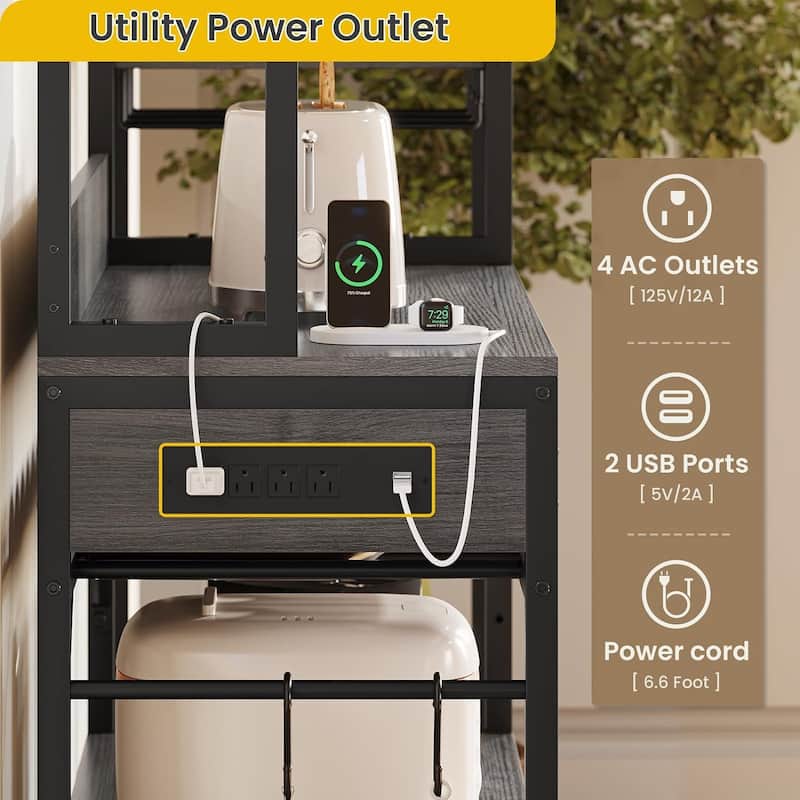 Kitchen Baker's Rack Storage Cabinet Microwave Stand Power Outlets