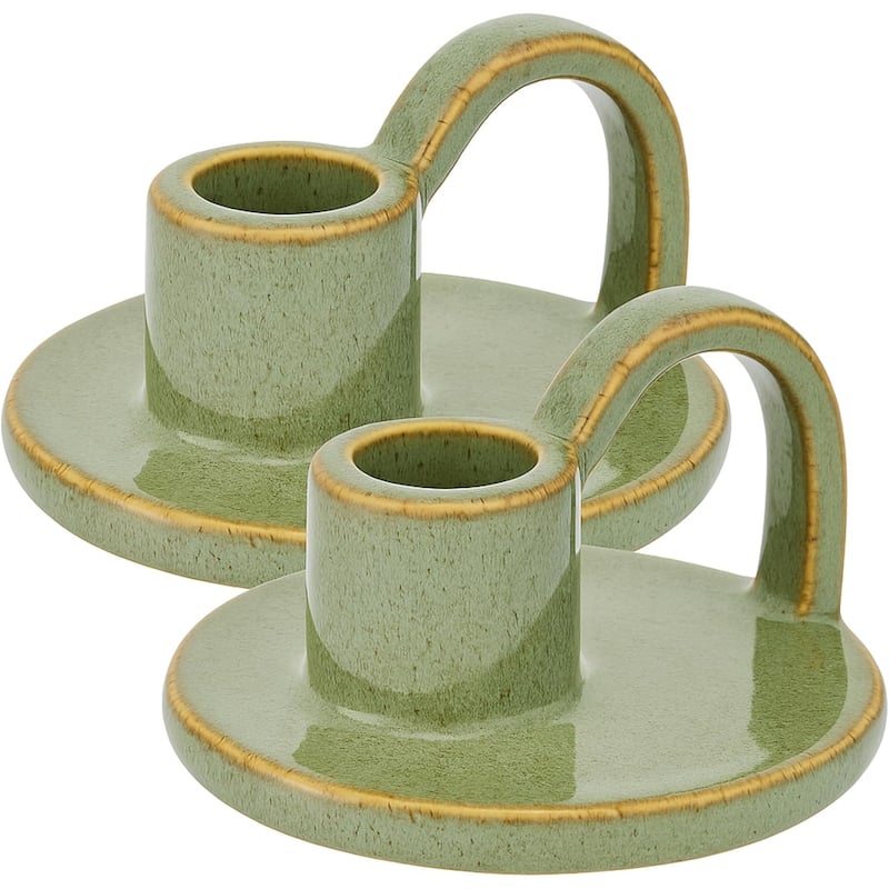 Avocado Green Set of Two Elise Short Ceramic Candlesticks by Aria Home - Green