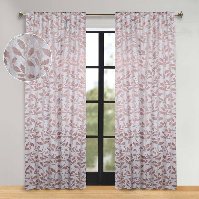 Superior Leaves Machine Washable Room Darkening Curtains with Back Tabs, Set of 2 - 52" x 84" - Champagne