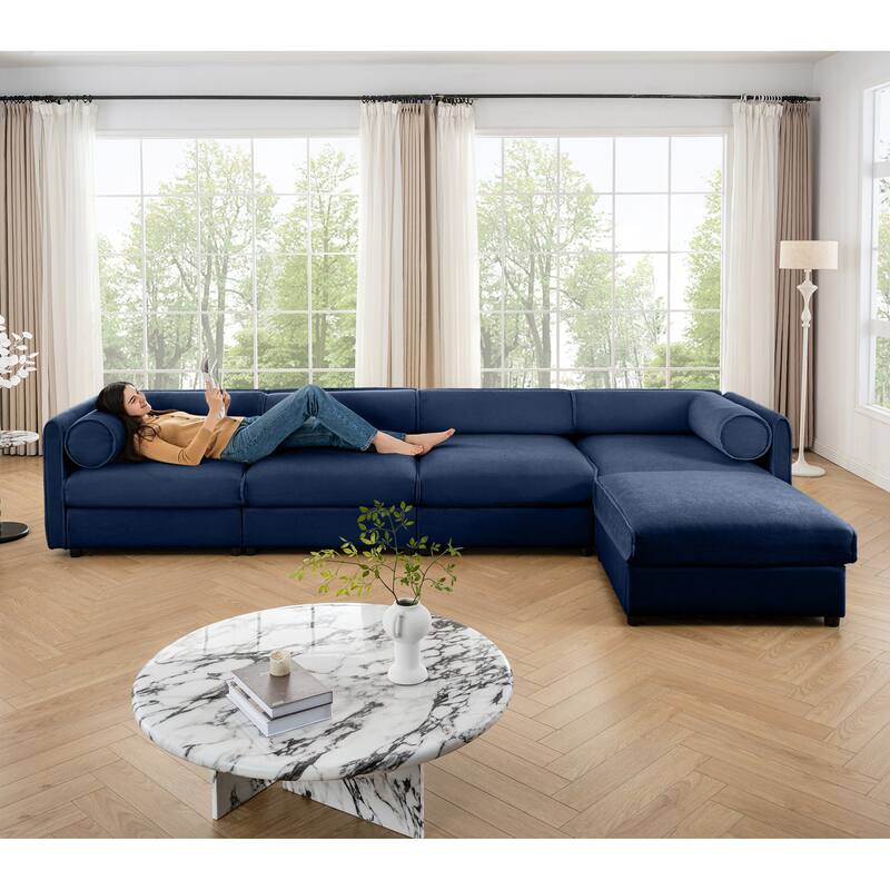 Modern 5-Piece L-Shaped Modular Sofa with Storage & 1 Storage Ottoman - Blue